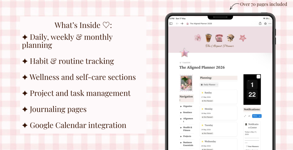 Features of the planner highlighted.